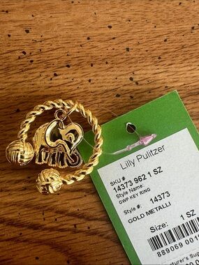 Lilly Pulitzer, NWT, Gold Braided Key Ring with Elephant Charm
